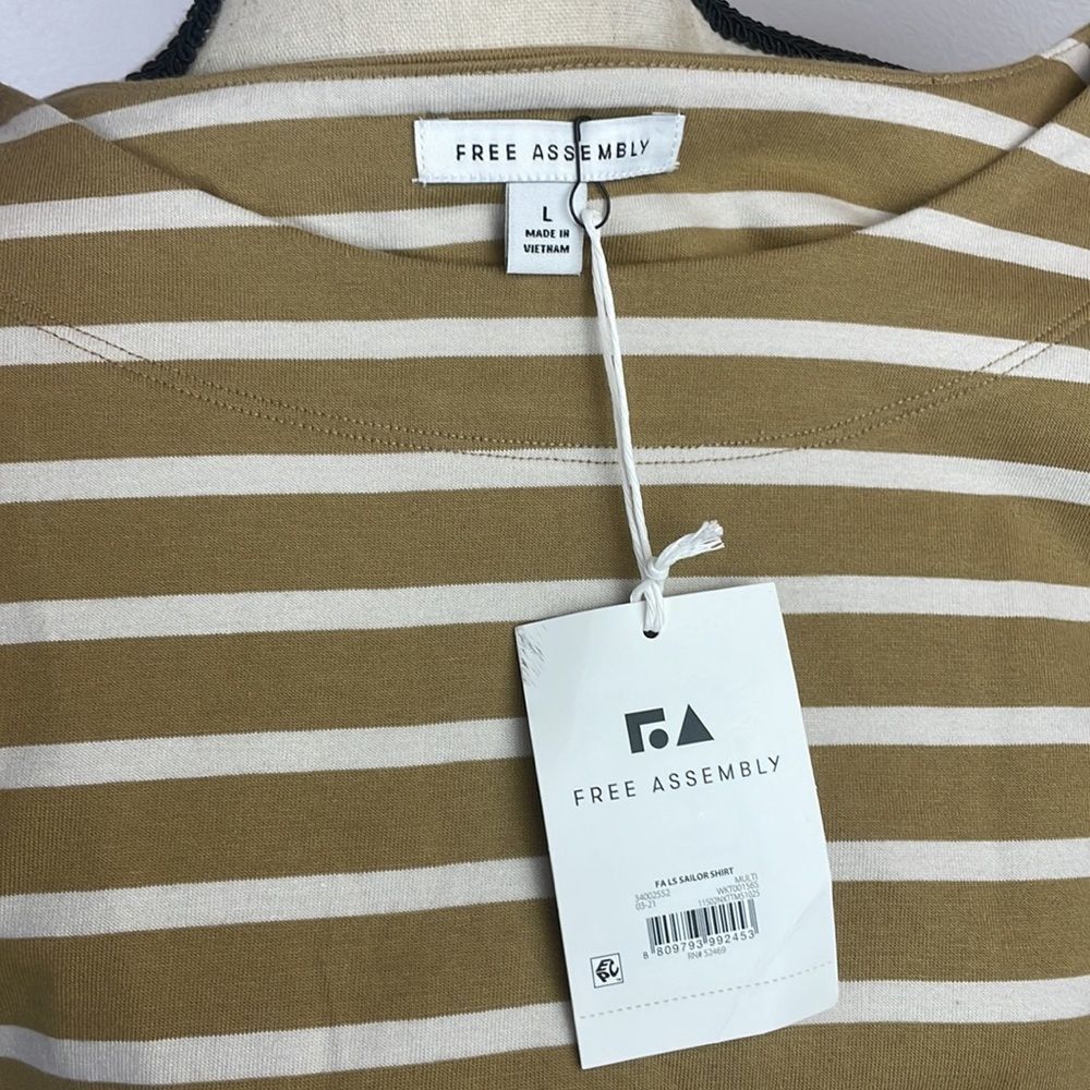 Free Assembly Women's Sailor T-Shirt SZ L Tan/White Stripe Quarter Length Sleeve - Picture 11 of 12